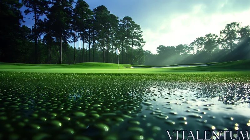 Early morning golf green with wet foreground surface.