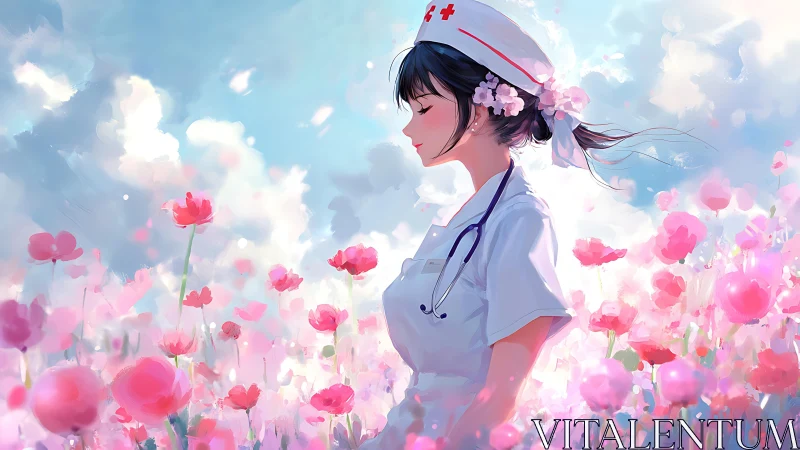 Daydreaming nurse drifts through pastel poppy healing fields.