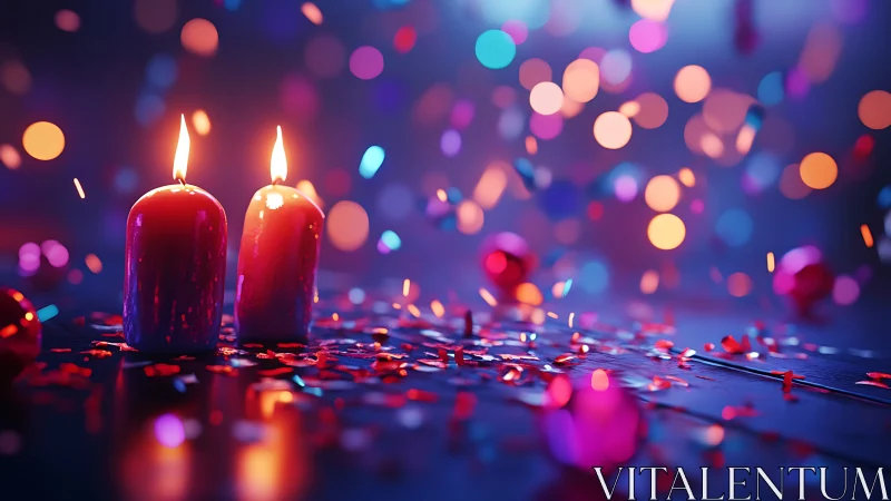 Glowing red candles burn softly amid vibrant party confetti
