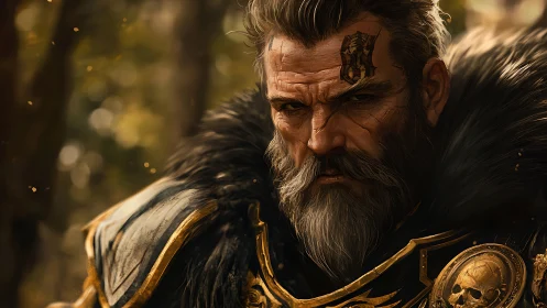 Weathered warrior in golden armor with a steady gaze.
