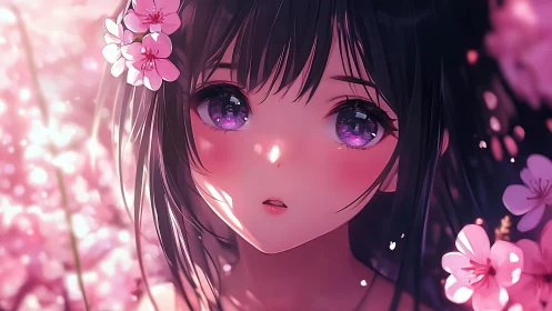 Anime portrait of sakura-lit girl with glossy violet eyes