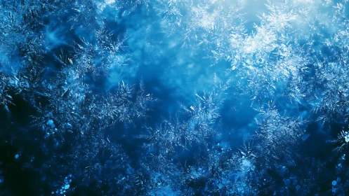 Macro crystalline frost pattern in luminous blue field.