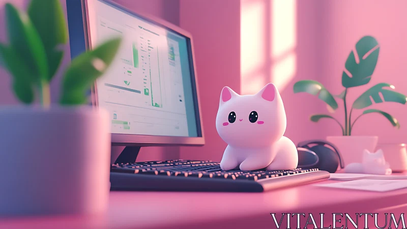 Playful white cat figurine brightens a cozy pink workspace