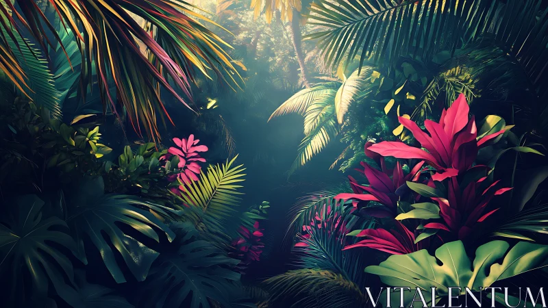 Lush digital jungle with magenta foliage and misty light.
