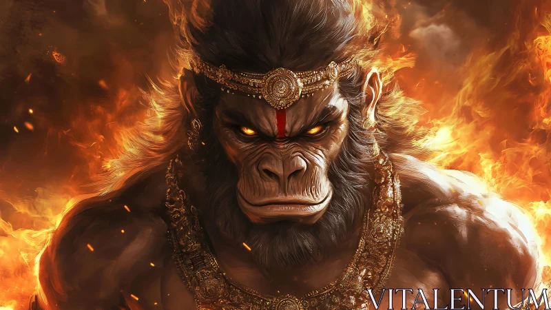 Divine warrior ape amid blazing inferno, golden armor.