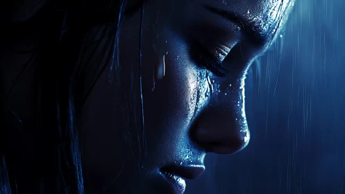 Wet close-up profile of woman&rsquo;s face in blue rain.