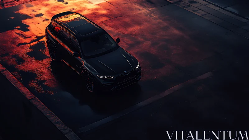 Dark SUV on wet asphalt at sunset with glowing reflections.