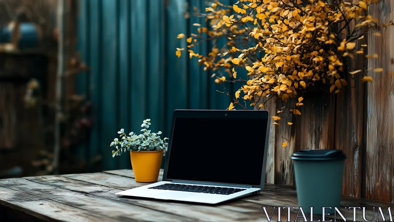 Laptop on wooden table in garden workspace with plants.