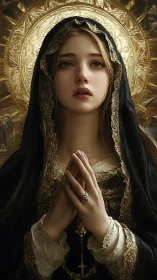 Portrait depicts veiled woman before ornate circular halo