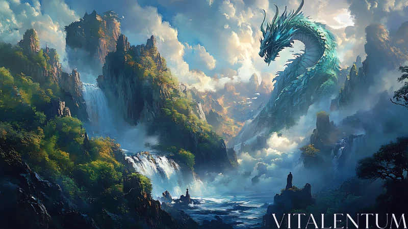 Massive blue dragon dominates misty mountain valley scene