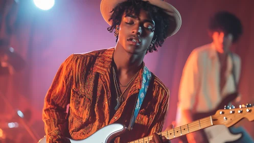 Stage-lit guitarist in orange shirt playing electric guitar mid-set