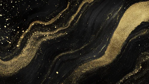 Abstract black background with flowing gold glitter streaks, modern style.