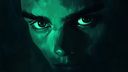 Emerald-lit intense portrait with piercing reflective eyes.