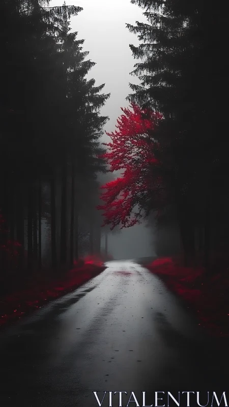 Crimson tree sentinel guarding a mist-drenched forest road.
