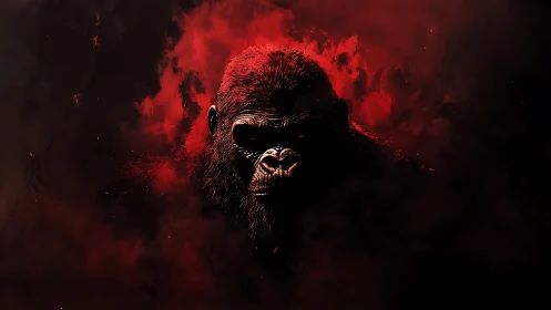 Digital painting of gorilla portrait in infernal red haze.
