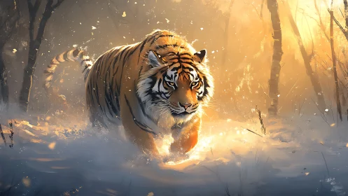 Tiger moving through winter forest with backlit snowfall.