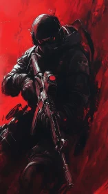Armored rifle operator in black gear against red backdrop.