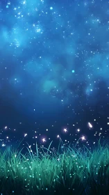 Star-swept midnight meadow under luminous blue cosmos.