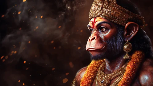 Regal monkey deity poised in golden garlands and sparks.