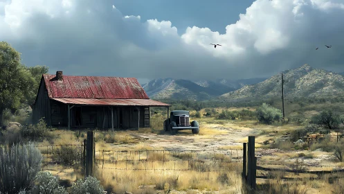 Rust-roofed desert cabin and lonely truck under gathering clouds.