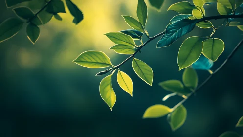Sunlit Green Leaves on Branch in Soft Focus Nature Photography.