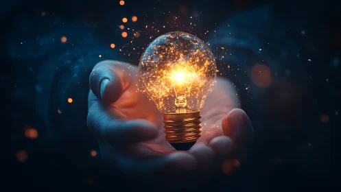 Hand cradles a shimmering galaxy of ideas inside lightbulb