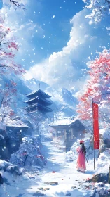 Woman in pink kimono walks toward snowy mountain pagoda