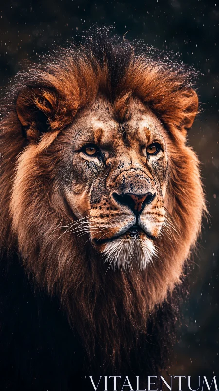 Majestic lion portrait under rain with dramatic side lighting.