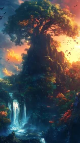 Ancient world tree crowns a mystical cliff at sunrise.