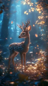 Young spotted deer glowing in gentle enchanted forest light.