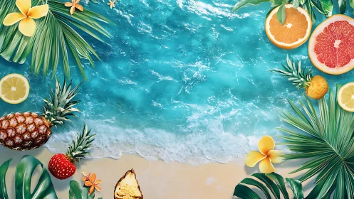 Tropical fruits and ocean waves invite a bright beach escape