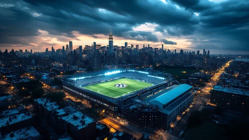 Illuminated urban football stadium contrasts with stormy skyline