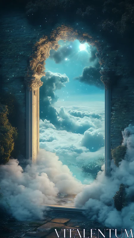 Stone archway opens onto luminous cloudscape under sky