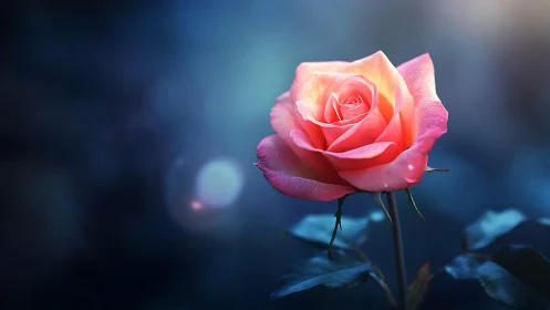 Vibrant pink rose blooming against twilight blue.