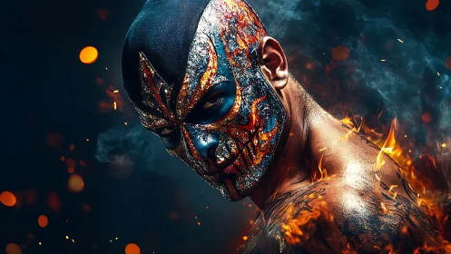 Masked man with fiery paint and sparks in dark studio.