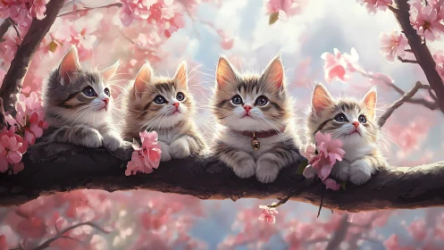 Four Kittens Perched on Branch Amid Blooming Cherry Blossoms