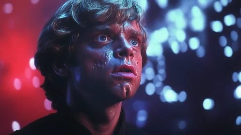 Close-up male portrait under blue and red cinematic lights.