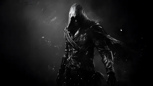 Shadowed rogue strides forward wrapped in stormy darkness