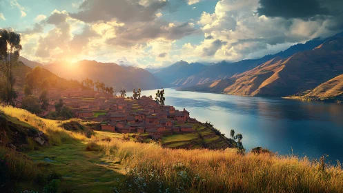 Mountain lake settlement under low sun and cloud cover.
