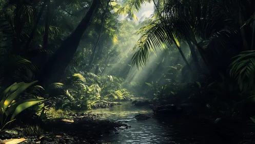 Rainforest Stream with Volumetric Light Penetrating Dense Canopy
