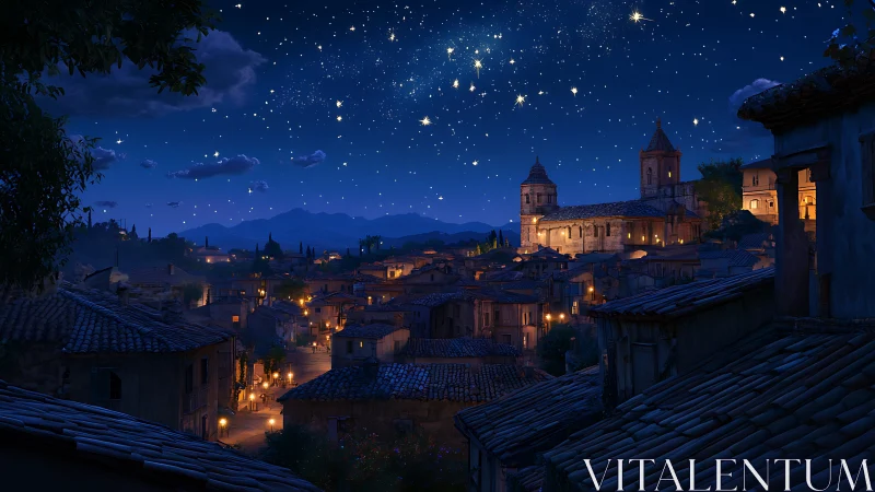 Nighttime hillside townscape shows tiled roofs under star field