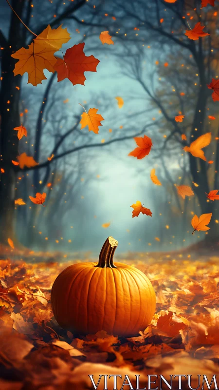 Cinematic autumn forest depth with focal pumpkin foreground.
