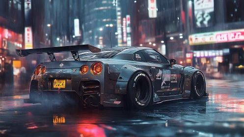 Widebody Nissan GT-R rendered in neon-lit rainy urban street scene