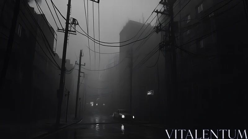 Fog-drowned alleyway where a lone car stitches through gloom.