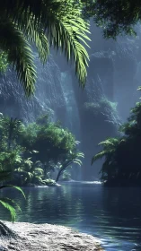 Sunlit tropical lagoon extends toward distant misty waterfall