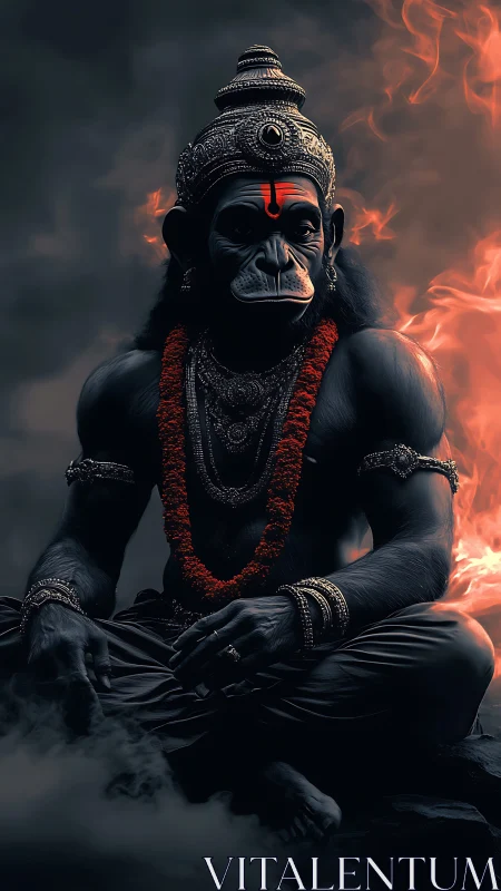 Simian warrior deity in ceremonial armor amid reactive flames.