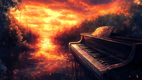 Grand piano reflecting firelit sunset over flooded forest.