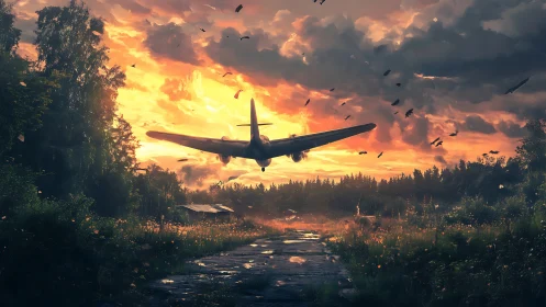 Low-flying dusk aircraft skims a wild overgrown runway.
