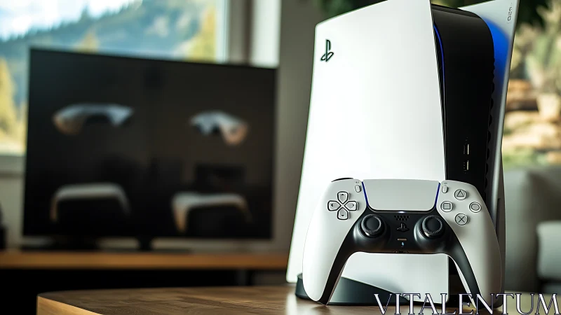 Photorealistic console still life with DualSense controller focus.