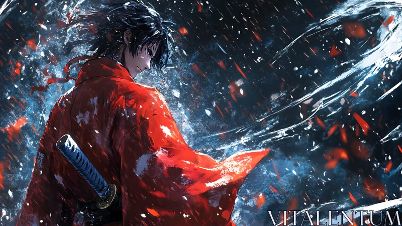 Samurai in red kimono stands amid swirling storm energy